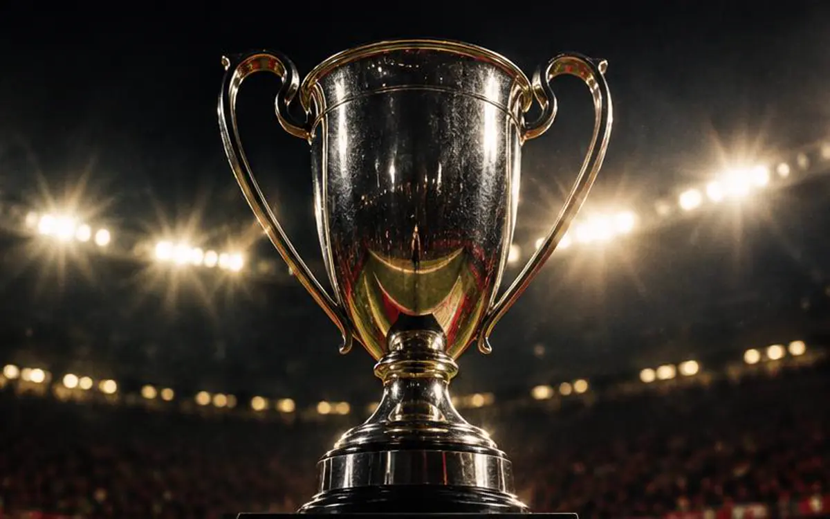 Trofeo deportivo genérico bajo reflectores de estadio