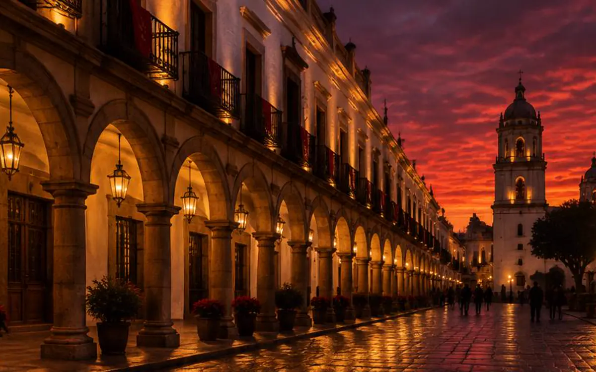 Arcadas coloniales iluminadas en el centro de Toluca