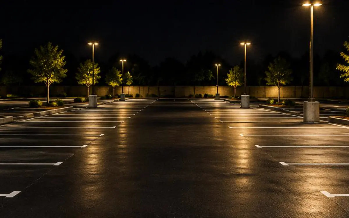 Estacionamiento bien iluminado con líneas de cajón recién pintadas