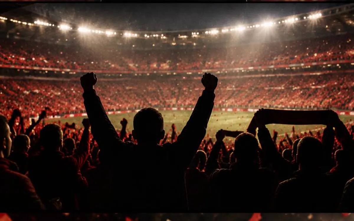 Tribuna celebrando en silueta bajo luces de estadio