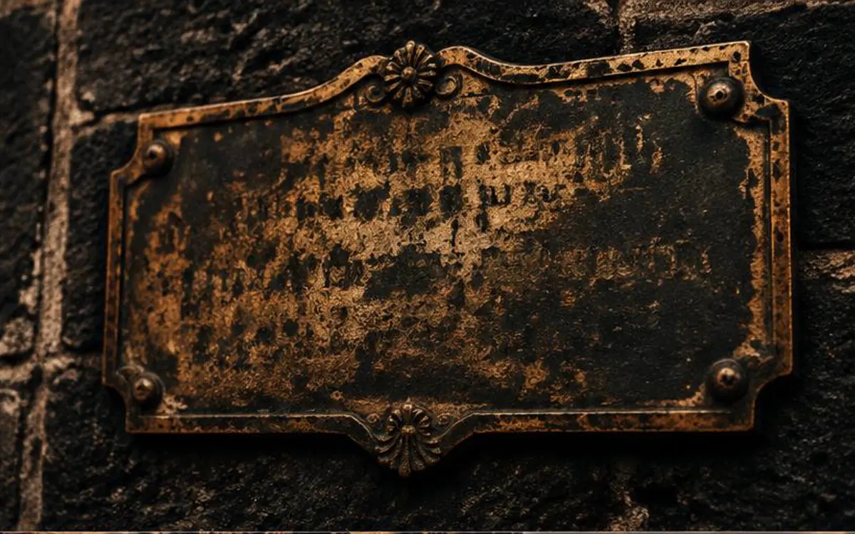 Placa antigua de calle sobre un muro de piedra oscura